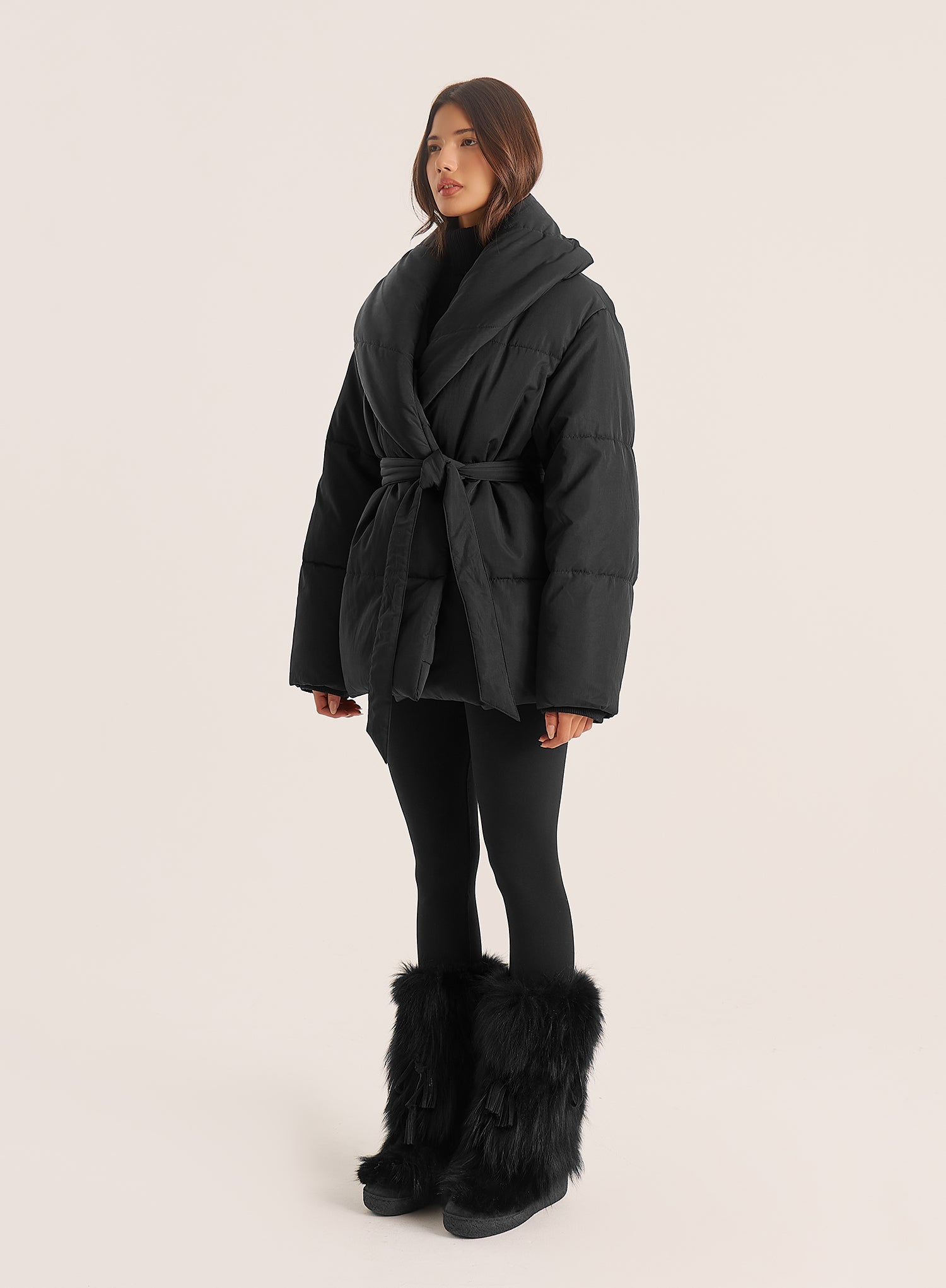 Black Wrap Waist Belted Puffer Coat